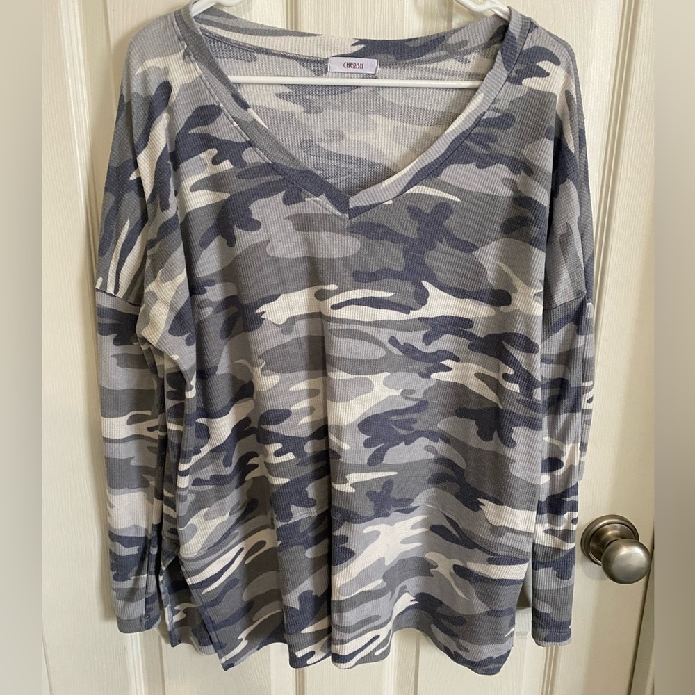 Grey Camo Oversized Waffle Knit Shirt